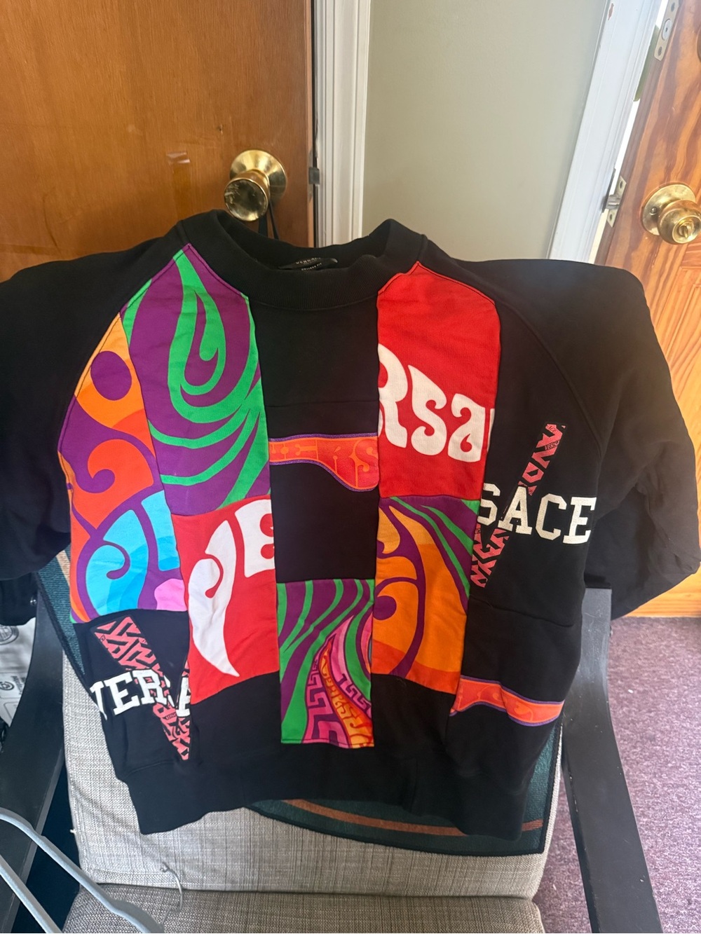Versace Black Multicolor Patchwork Crewneck Sweater